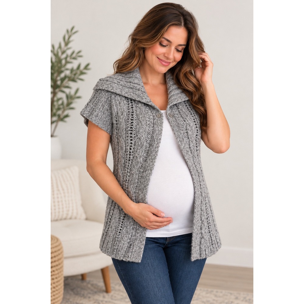 Motherhood Maternity S Gray Wool Blend Cable Knit Short Sleeve Cardigan
